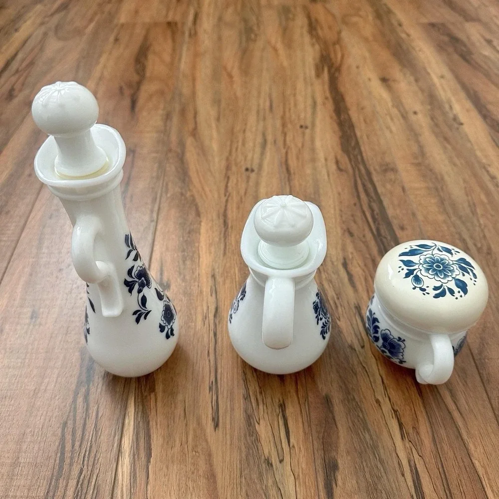 Vintage Avon Blue Floral White Glass 3‎ Pc Cruet Vanity Set w/ Stoppers